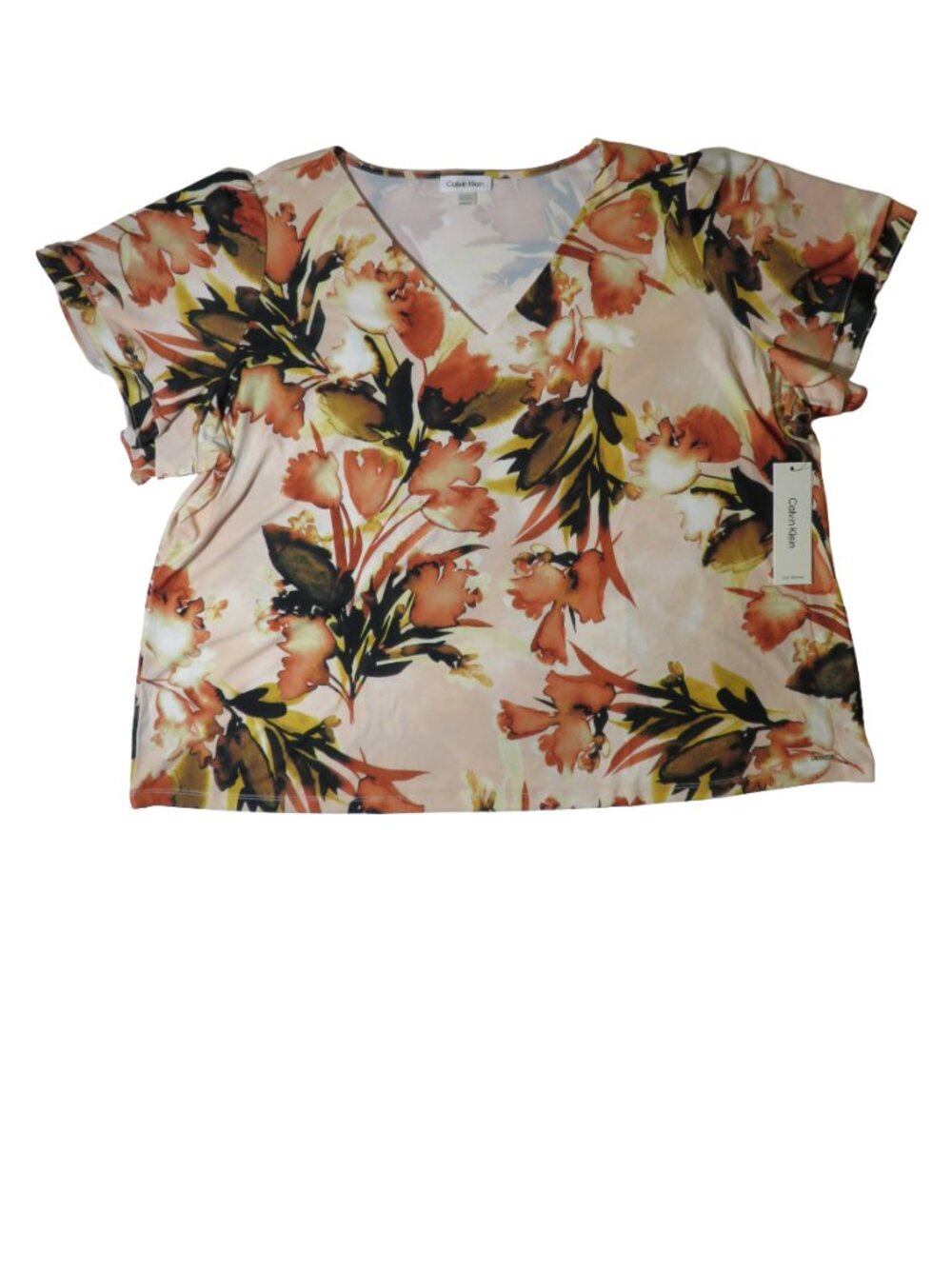 NWT Calvin Klein Plus‎ Size 3X Floral V-Neck Blouse Short Flutter Sleeve Peach